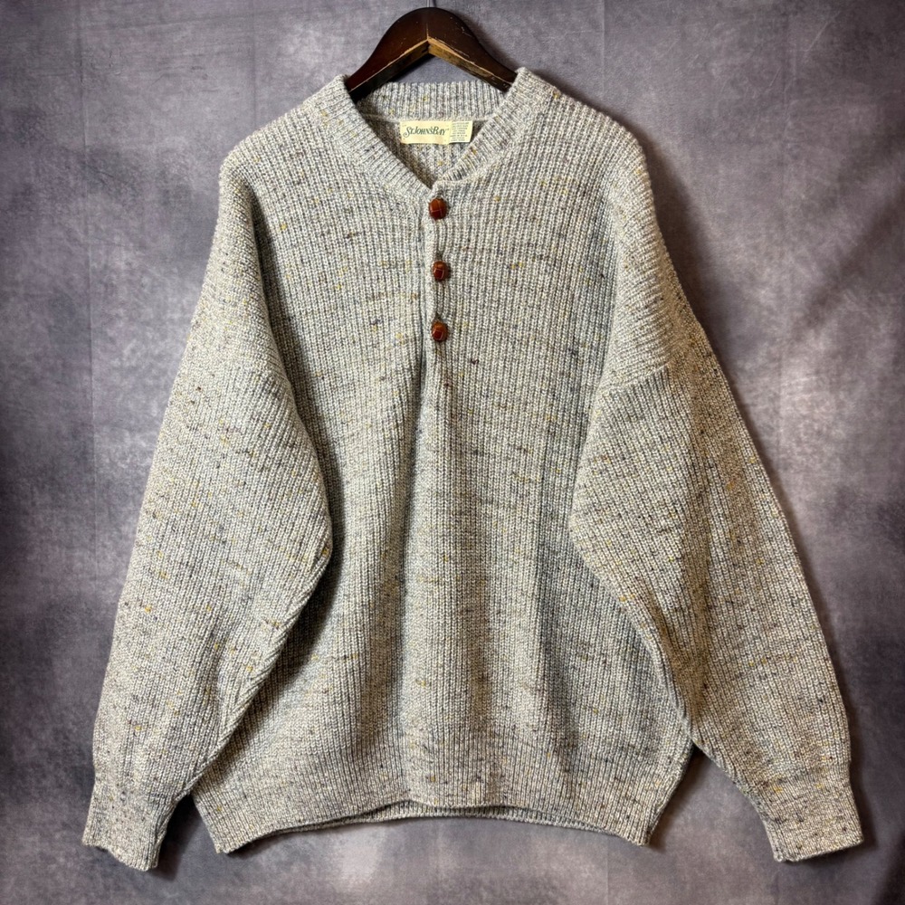 St Johns Bay Vintage Henley Sweater 2XL Grey Donegal Wool Blend Ribbed USA Made